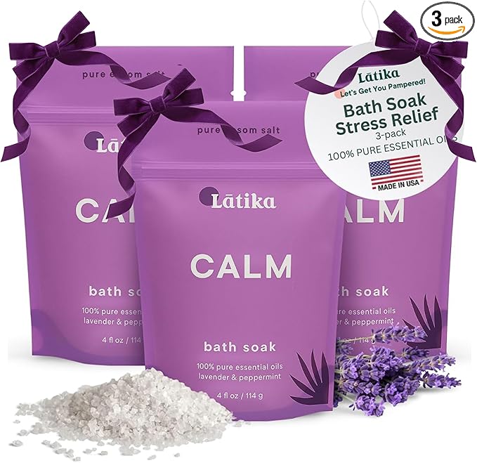 Latika Soaks Set of 3 - Calm Bath Soaks with Lavender & Peppermint, Moisturizing Epsom Salt Soak for Stress Relief, Relaxation, and Skin Nourishment, At-Home Spa Retreat Gift