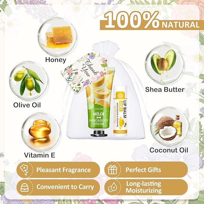 VISCOO 80 Sets Hand Cream and Lip Balm Bulk Set, Mothers Day Gifts, Teacher Appreciation Gifts, Nurses Week Gift, Wedding Favors for Guests with Thank You Card Organza Bags, Birthday Gift for Women