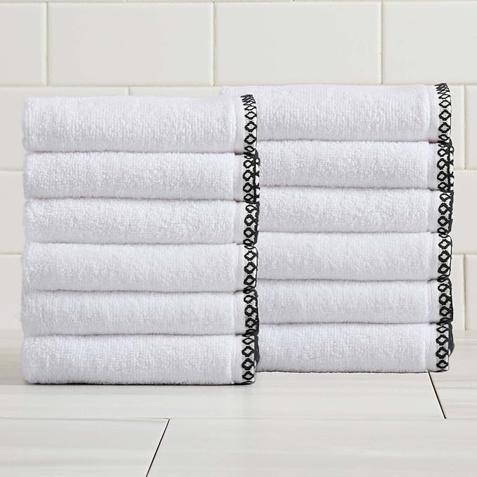 Great Bay Home Black/White Washcloth Set - Ultra-Soft Cotton, Boho-Chic Border Design - 12 Washcloths (13" x 13") - Absorbent, Quick-Dry, Lightweight Bathroom Towels
