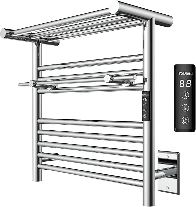 P&Dlusir Heated Towel Warmer with Top Shelf, Heated Towel Rack for Bathroom, H 19.69" x W 19.69", Wall Mounted Towel Warmer Rack, Hard-Wired/Plug-in, Polished