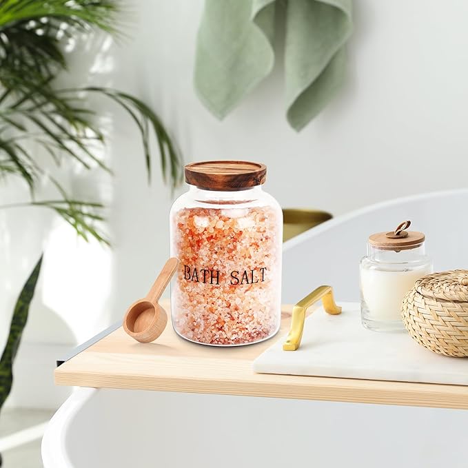 BKYFPQ 74 oz Glass Bath Salts Jar,Bath Salt Container with Wooden Lid and Scoop,Bathroom Organizers and Storage,for Bathroom Bath Decor,Home Decor,Bathtub Accessories for Women