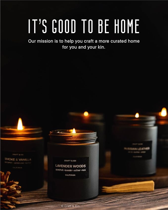 Craft & Kin Premium Smoky Fireside Candle | Scented Candles for Men | Men Candles with Wood Wicked | Long Lasting with 45 Hour Burn Time - 7.6oz