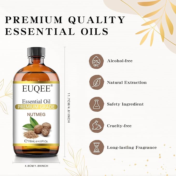 EUQEE Nutmeg Essential Oil 118ML Large Capacity Nutmeg Oil Premium Aromatherapy Essential Oils with Glass Dropper for Candle Making, Soap Making-4oz