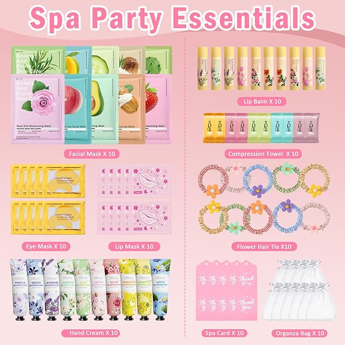 90PCS Spa Party Supplies for Women & Girls, Spa Party Favors Include Face Masks, Hand Cream, Lip Balm, Under Eye Patches, Lip Mask, Spa Birthday Sleepover Party Supplies, Teacher Appreciation Gifts