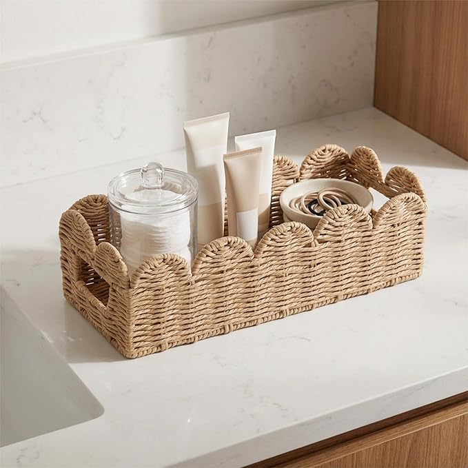 Scalloped Khaki Toilet Tank Basket for Back of Toilet, Wicker Bathroom Tray for Toilet Paper Storage, Bathroom Organizer for Tank Top, Countertop & Small Spaces