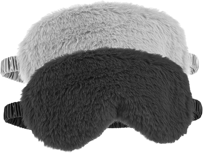 WY LIGHTING LEVEL 2 Pcs Plush Eye Mask Soft Sleeping Blindfold Eye Cover Comfortable Furry Faux Fur Sleeping Mask Satin Nap Night Eyeshade Cover for Women Men Gift (Black, Gray)