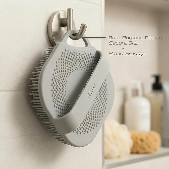 Silicone Body Scrubber for Shower - Exfoliating Body Brush with Non-Slip Grip - Durable Loofah Alternative - Soft Bristles for Gentle Cleansing, High Lather & Quick Drying, Grey