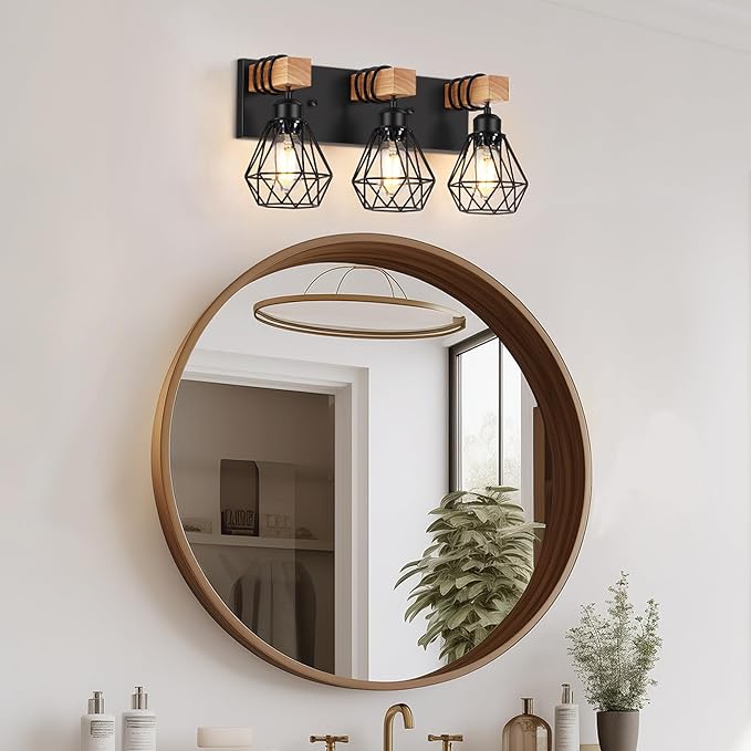 FadimiKoo 3-Light Farmhouse Bathroom Vanity Light Fixtures, Wood Bathroom Lighting Over Mirror, Black Vanity Lights with Metal Lampshade, Vintage Wall Light Fixtures for Bedroom, Living Room, Hallway
