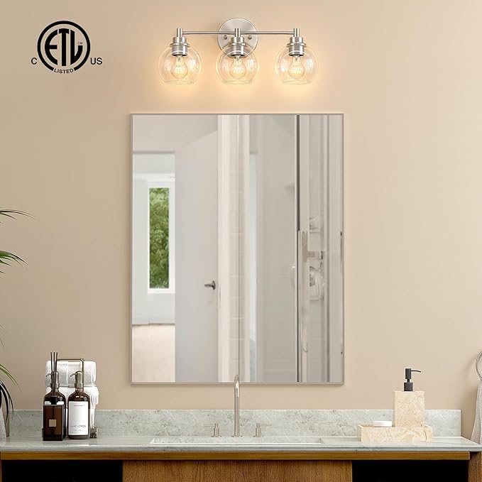 VONLUCE Bathroom Light Fixtures, 3-Light Vanity Light with Globe Glass Shades E26 Sockets, Bathroom Lights Over Mirror for Bedroom Hallway Living Room, Brushed Nickel Finish, ETL Certificated