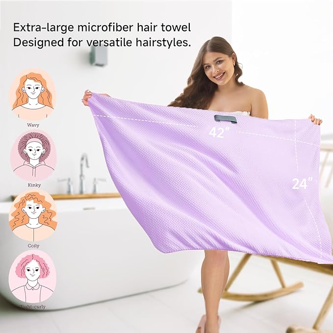 Microfiber Hair Towel Wrap for Women, Quick-Dry Turban, Ultra Absorbent & Anti-Frizz, Ideal for Long, Thick & Curly Hair, Soft Lightweight Drying Towel (24x42, Purple)