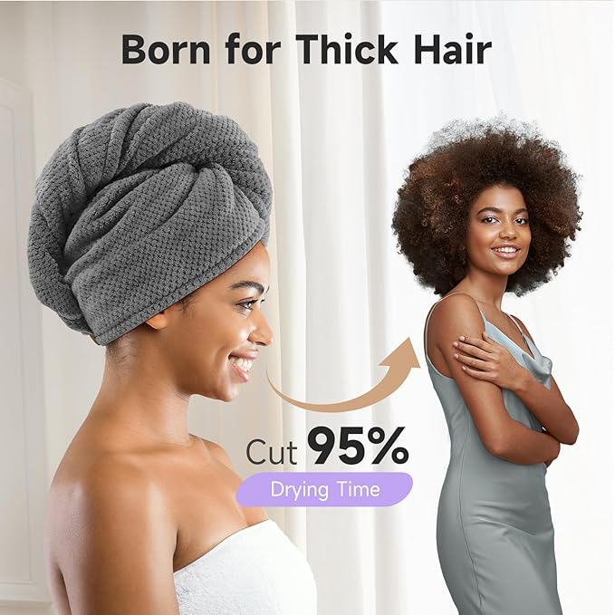 Umisleep 2 Pack Microfiber Hair Towel Wrap for Curly Hair, Super Absorbent Hair Drying Towel for Women, Kids, Hair Care Accessories, Hair Turban for Wet Hair (Grey, White)