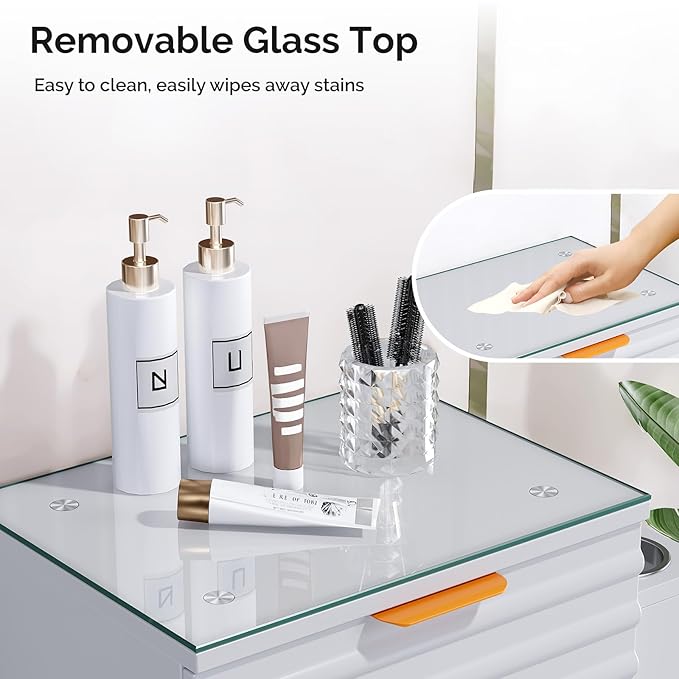 Professional Salon Station with Tempered Glass Top, 3 Drawers Hair Stylist & Barber Storage Cabinet with Heat Resistant Tool Holders, Beauty Spa & Home Organizer, White
