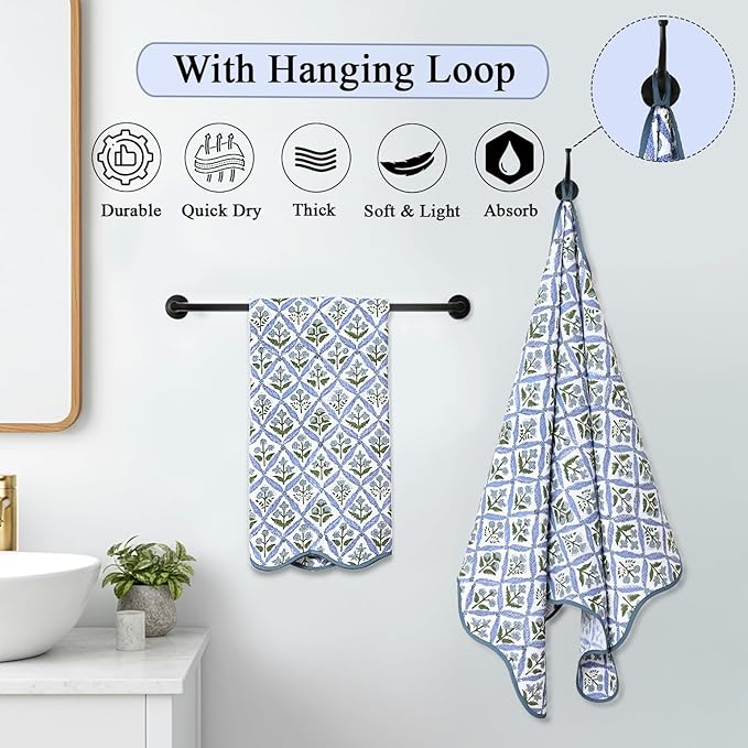 Ridhi Block Print Light Steel Blue Cotton Spa/Beach Towel 27"x54" Set of 2 Handmade Bath Towel, Quick Dry Turkish Style Bath, Soft Absorbent Luxury Towel for Home, Gym & Spa, Boho Bathroom Décor