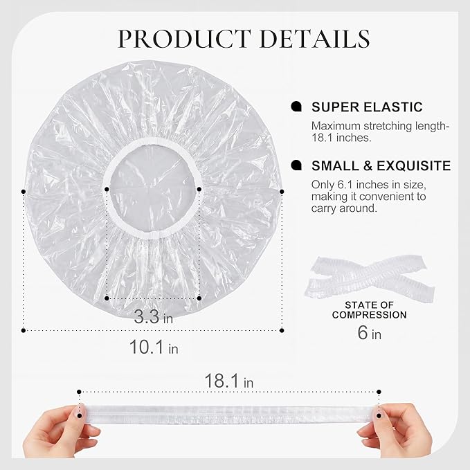 120 PCS Disposable Shower Caps – Large Thick Waterproof Stretchable Clear Plastic Bath Hair Bonnet for Women, Men, Long Hair, Ideal for Hair Treatment, Travel, Spa & Home Use(18.1")