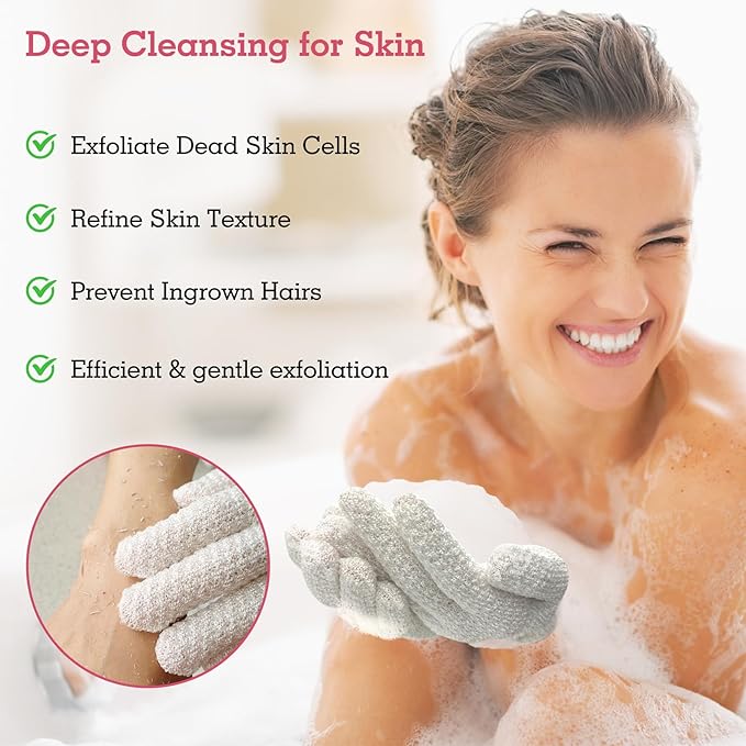 Evridwear Exfoliating Glove Shower Gloves Exfoliate Dead Skin for Dry Sensitive Skin No Irritation with Hanging Loop (White Gentle Exfoliation)