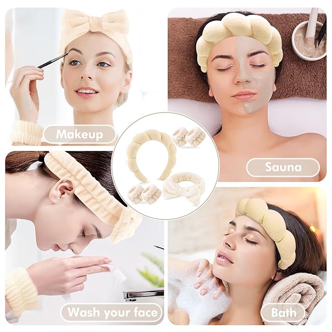 Zkptops 6Pcs Spa Headband for Washing Face Wristbands Set Women Bubble Makeup Sponge Terry Cloth Padded Puffy Skincare Headband Bow Tie Hairband Cute Non Slip Thick Hair Accessory Gifts (Beige)