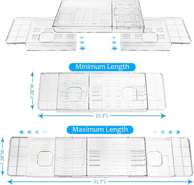 Expandable Bathtub Tray for Tub, Clear Acrylic Bath Caddy with Anti-Slip Design, Waterproof Bathroom Storage, Bath Organizer for Women, Fits Most Tubs up to 31.7" Ideal for Women and Adults