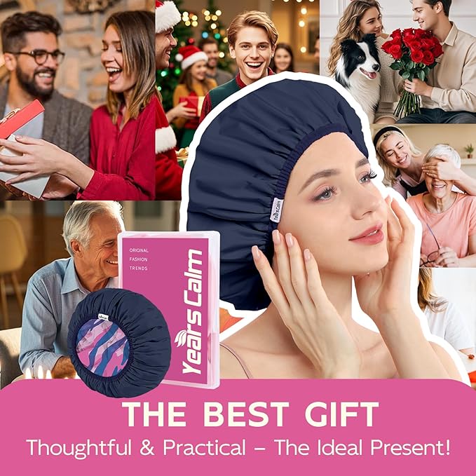 Years calm Waterproof Shower Cap for Women - Double-Layer Reusable Bath Cap with Elastic Band for Long/Short/Curly/Braids Hair, Washable & Travel-Friendly, Fit for Shower, Spa (Stripe Shower Cap)