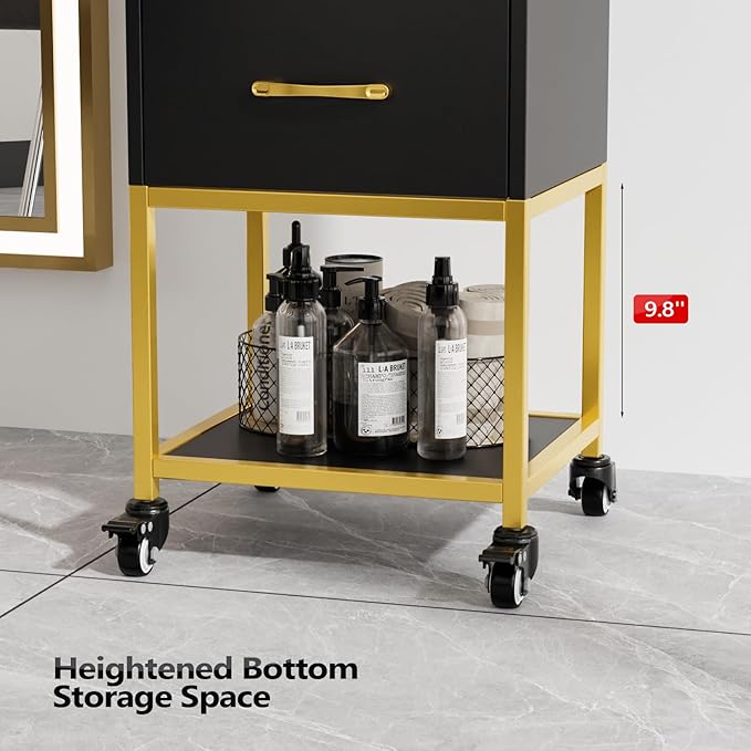 OmySalon Beauty Salon Storage Trolley Cart, Salon Station for Stylist, Wooden Hair Cabinet with Dryer Holder & Drawer, Hairdressing Tools Organizer Equipment for Spa Barbershop Lash Tattoo, Black