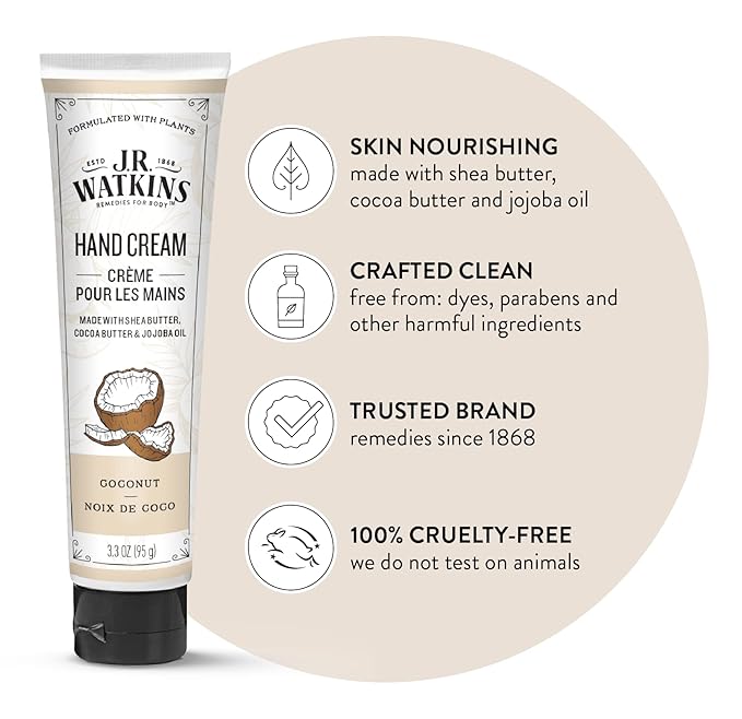 J.R. Watkins Natural Moisturizing Hand Cream, Hydrating Hand Moisturizer with Shea Butter, Cocoa Butter, and Avocado Oil, USA Made and Cruelty Free, 3.3oz, Coconut, Single