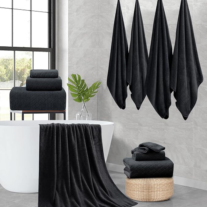 8-Piece Black Bath Towels Set,2 Oversized Large Bath Towels Sheet,2 Hand Towels and 4 Washcloths - 600 GSM Soft Luxury Towel Set,Highly Absorbent Quick Dry Towel Collection for Bathroom,Hotel and Spa