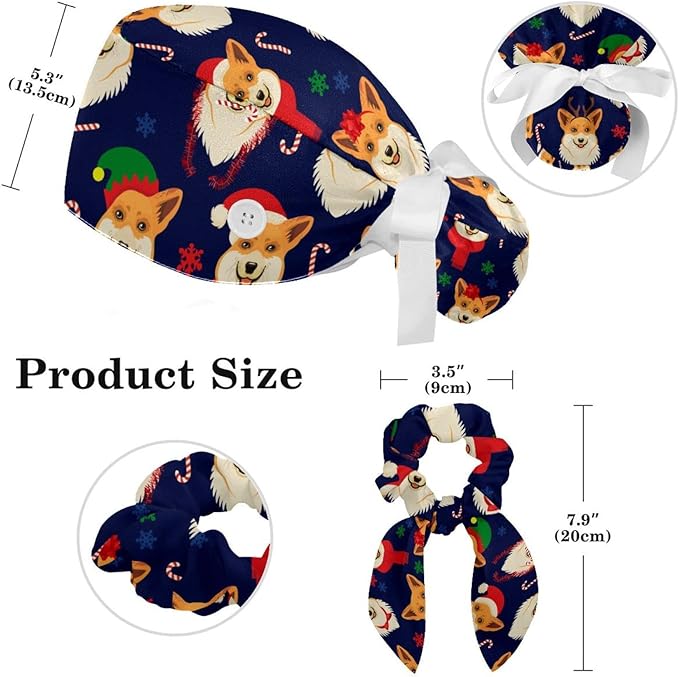 Adjustable Brown Dachshund Dog Blue Surgical Scrub Cap with Button,Sweatband for Women with Bow Hair Scrunchy