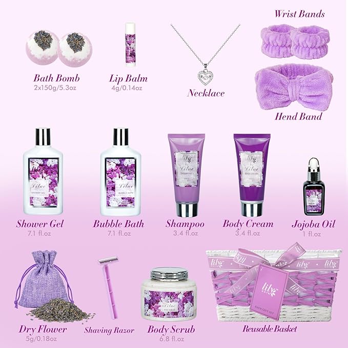 Mothers Day Gifts for Mom, Gifts for Women, Spa Gift Basket for Women, 17-Piece Lavender Lilac Bath and Body Gift Set, Pampering Bath Set | Spa Kit, Gift for Valentines Day, Birthday, Christmas
