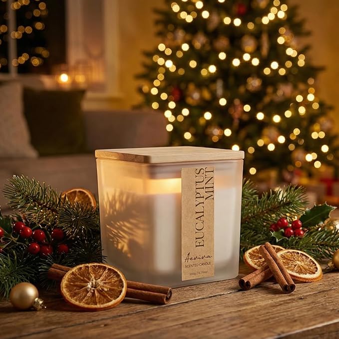 Eucalyptus Mint Scented Candle, 7.04oz 40 Hour Burn, Natural Soy Wax with Crackling Wood Wick, Highly Scented Aromatherapy Candle for Stress Relief & Meditation, Gifts for Women & Men