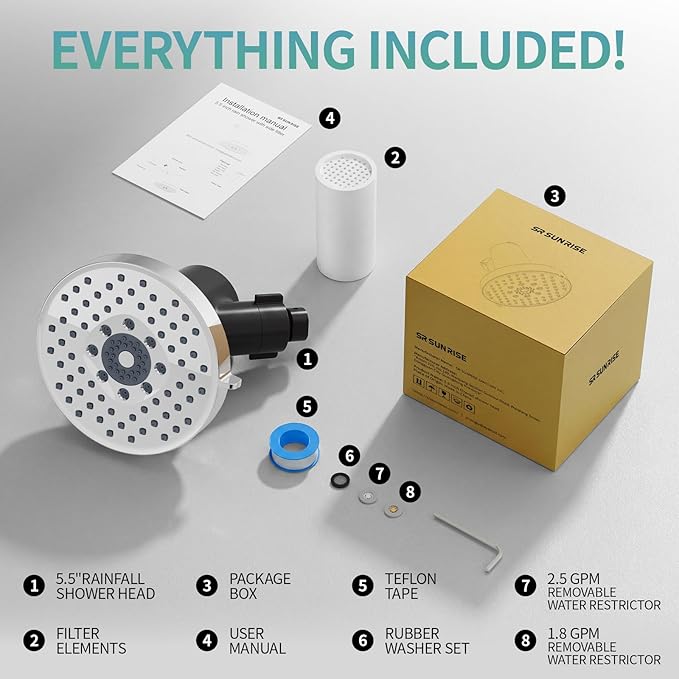 SR SUN RISE Filtered Shower Head with Filters- High Pressure Rain Shower Head,with 20-Stage shower Filter,1.8/2.5 GPM Flow Rate,6 Spray Modes for Hard Water Softener,Remove Chlorine (Chrome,5.5 Inch)