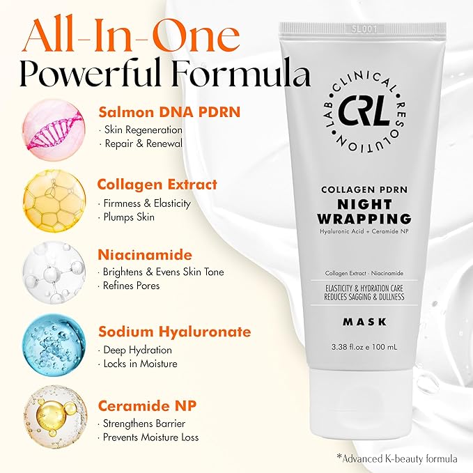 Clinical Resolution PDRN Collagen Night Wrapping Mask, All-In-One Nourish, Revitalize, Radiance for Youthful Glowing Skin Overnight Peel Off Face Mask Korean Skin Care Lab, 100ml 5 Pack
