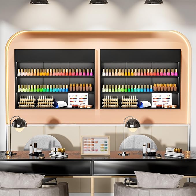 OmySalon Wall Mounted Display Rack, 47.6-Inch 3-Tier LED Nail Polish Organizer Shelf with USB Touch Control, for Nail Salon, Spa, Beauty Studio Storage, Wooden Retail Display (Black)