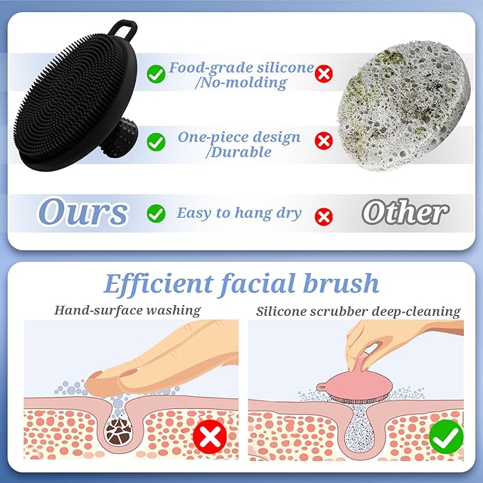 Silicone Back & Body & Face Scrubber Set 3PCS, Gentle Exfoliating Back & Body Scrubber with Dual-Side Brush Head, Hygienic Silicone Loofahs with Soft Bristle and Non-Slip Handle(Black-3PC)