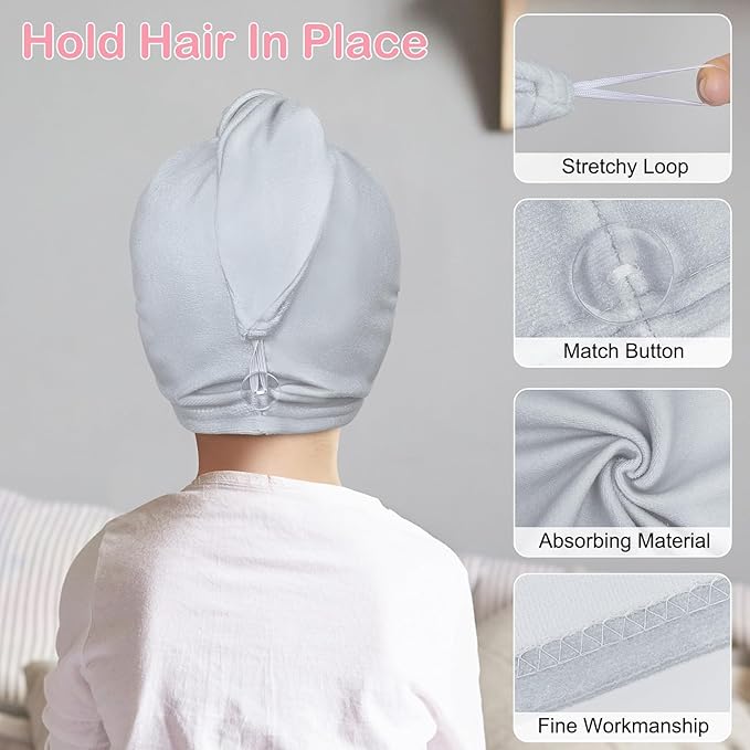 Basumee Microfiber Hair Towel Wrap for Kids 2 Pack Rapid Drying Hair Towel with Button Hair Turbans for Wet Hair Wraps Head Towel Wrap for Women and Girls