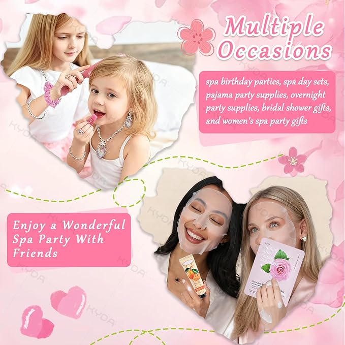 KYDA 78PCS SPA Party Supplies, Face Mask, Hand Cream, Lip Balm, Under Eye Patches, Lip Mask, Foot Bath Bomb, Essential Oil, Hand Mask, Foot Mask and Hair Band, Spa Birthday Sleepover Party Supplies
