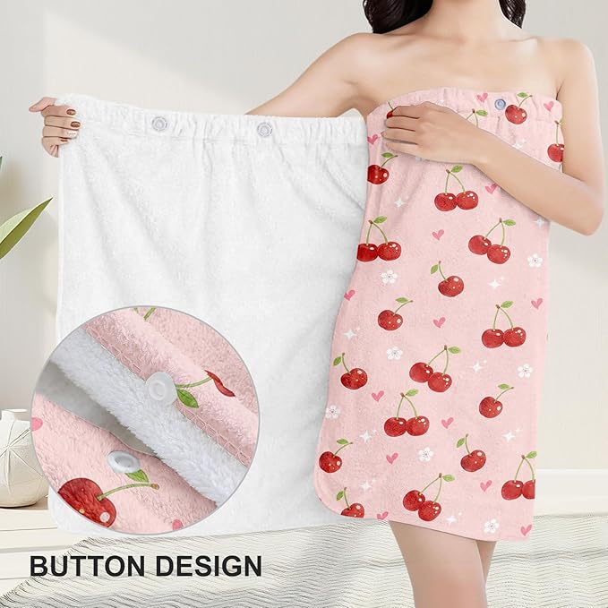 Absorbent Bath Towel Wrap Set for Women, Pink Cherry Print Towel Wrap After Shower, Microfiber Shower Robe Body Towel Wraps for Women, Quick Dry Hair Towels Wraps for Spa Hotel Beach Girl