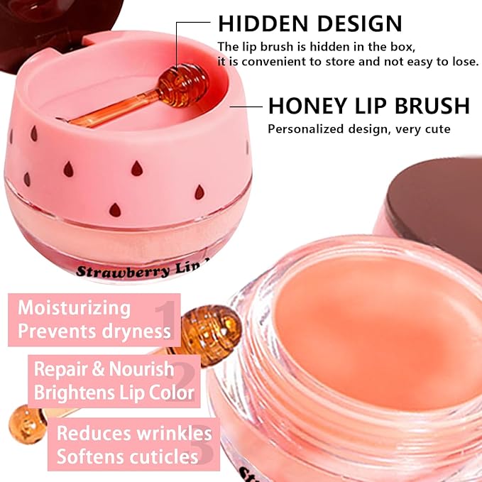 5 PCs Bee Balm Lip Mask, Moisturizing Lip Balm & Scrubs, Hydrating, Prevents Dry & Cracked Lips - Strawberry & Watermelon Flavors