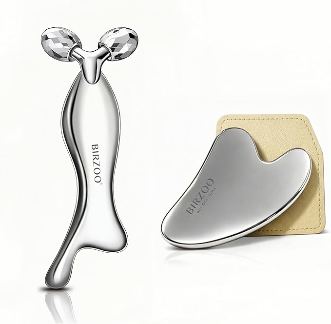 Stainless Steel Face Roller & Gua Sha Tool Facial Massage Roller for Skincare Routine, Face Sculpting & Relaxing Facial Massage with Storage Pouch