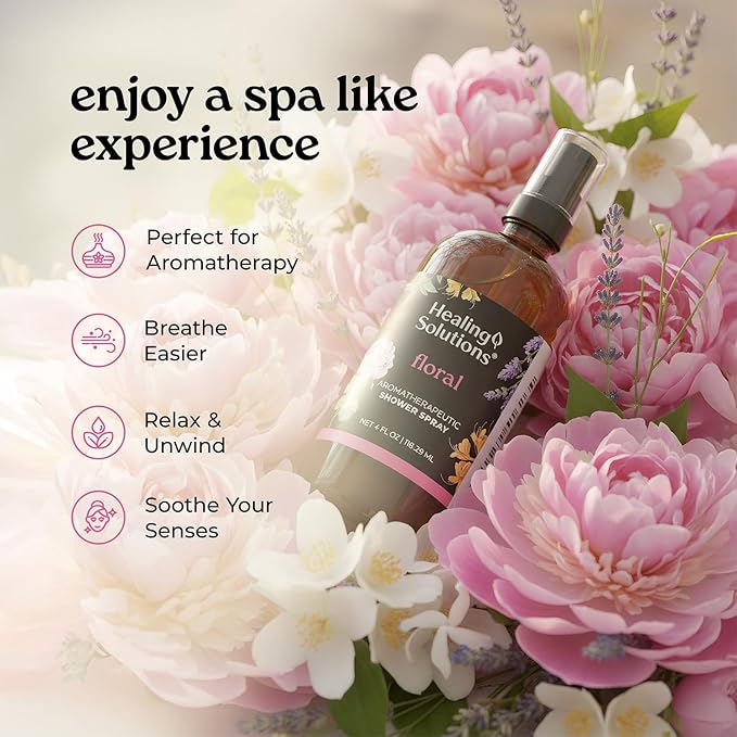 Healing Solutions Aromatherapy Shower Spray, Floral Blend, 4oz, Therapeutic Grade Essential Oils, Made in the USA, At Home Spa Experience