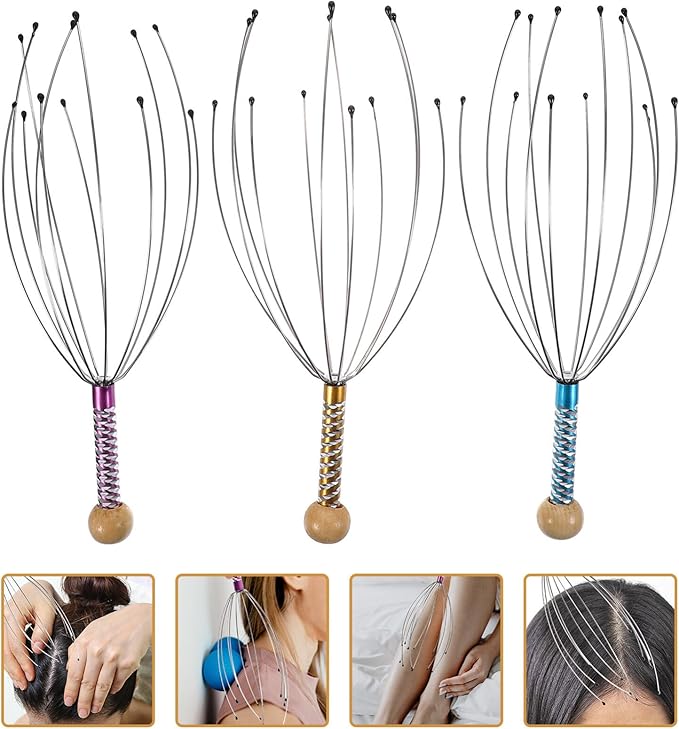 rosenice Scalp Massager Hand Held Therapeutic Head Scratcher Steel Wire Head Massager with Wooden Handle for Home Spa Relief and Relaxation (3 Packs)