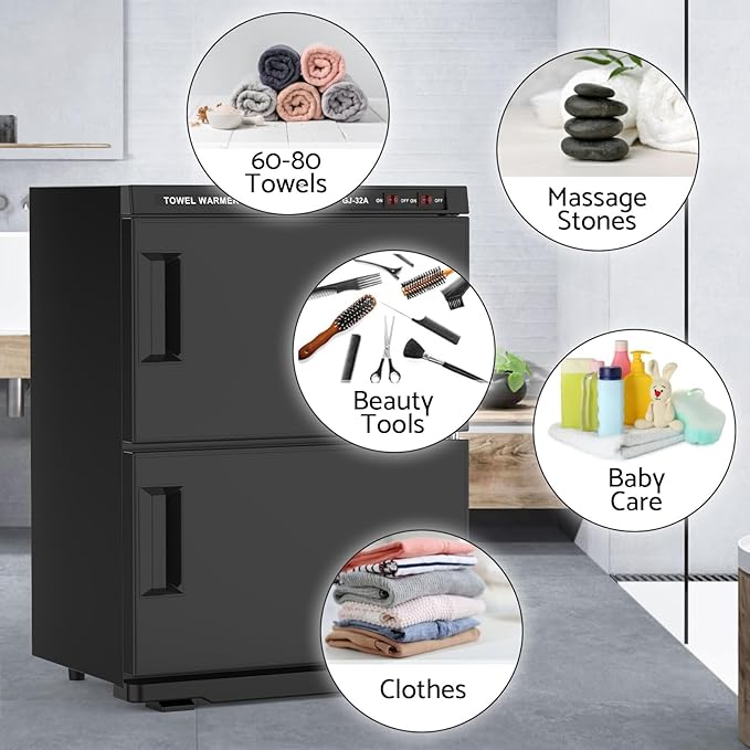 Kikihouse Hot Towel Warmer, 32L Large Capacity Hot Towel Cabinet, Facial Towel Warmers with Clip & Stainless Steel Rack & Water Drip Tray, Fits 80 Towels, for Spa, Salon, Esthetician