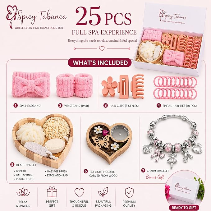 Ultimate 25-Piece Spa Gift Set for Women, Mother’s Day Gift for Mom, Self Care Bath Set with Bracelet, Luxury Magnetic Gift Box, Birthday Gifts for Women