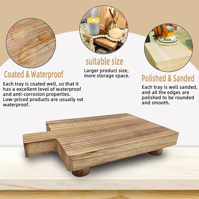 2 Pcs Handmade Wooden Tray,Practical Bathroom and Kitchen Decoration for Soap,Bath Bottles,Candles,Toilet Paper,Plant Holder(10.8 x 6.9 Inch)(Wood Color)