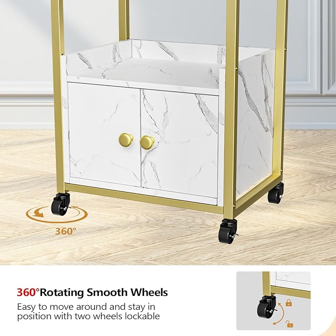 OmySalon Salon Trolley Cart, Esthetician Cart with Wheels & 1 Drawer Cabinet, Hair Stylist Cart for Beauty Spa Massage Tattoo Esthetic Facial Tool Holder Station, White Marble