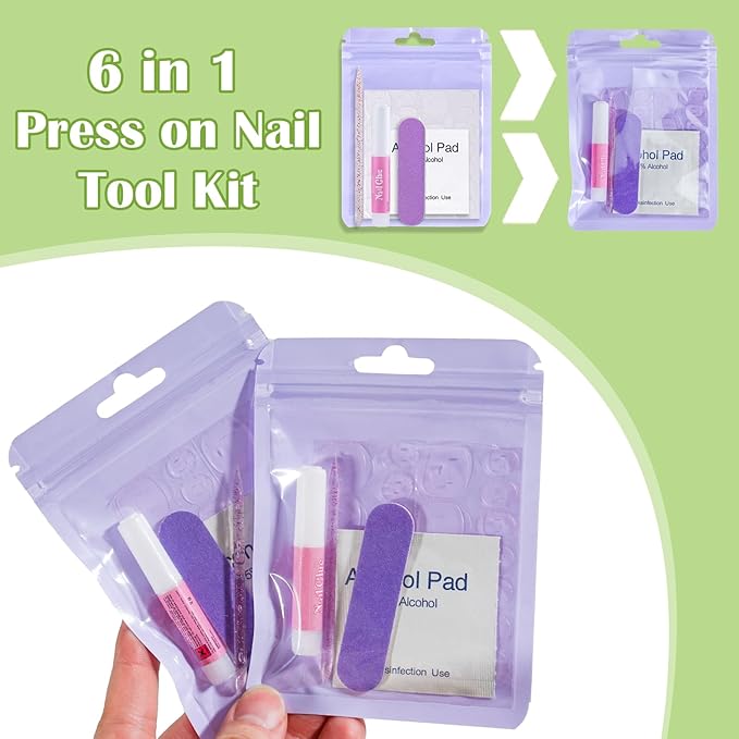 Press On Nail Tool Kit with Everything, Bebbtiy Press On Nail Prep Tool Kit Disposable Manicure Kit with Nail File, Nail Glue, Prep Pads, Adhesive Nail Tabs, Wood Stick, Packaging Bag (50pcs-purple)