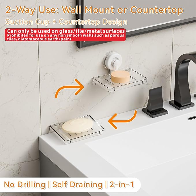 SUOXING 2 Pack Bar of Soap Holder for Shower with Suction Cup,Rustproof Wall Mounted Acrylic Shower Soap Rack & Caddy for Bathroom,Bath,Kitchen,Plastic Self Draining Soap Holder and Soap Shelf,Clear
