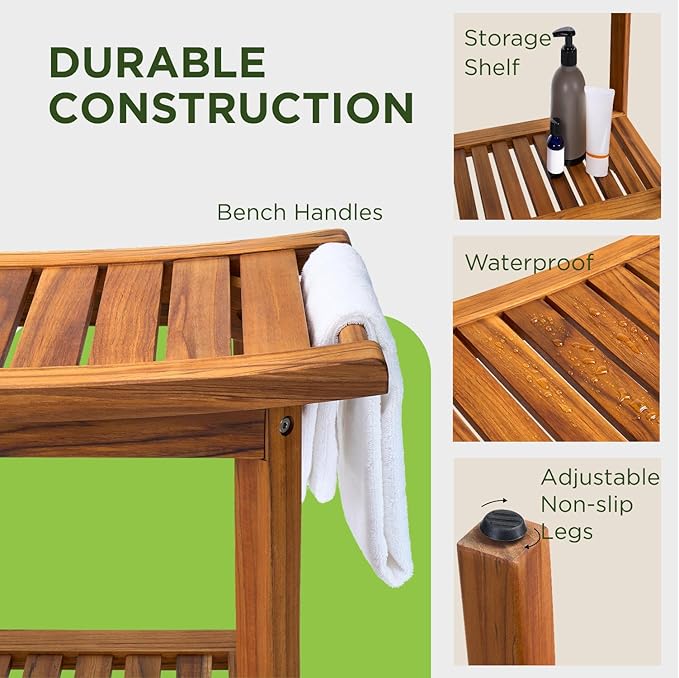 Premium 22" Teak Wood Shower Bench with Shelf, 2-Tier Waterproof Teak Shower Stool, Non-Slip Feet for Enhanced Safety, Spa Bath Seat for Bathroom, Indoor & Outdoor Use, 300 lb Capacity