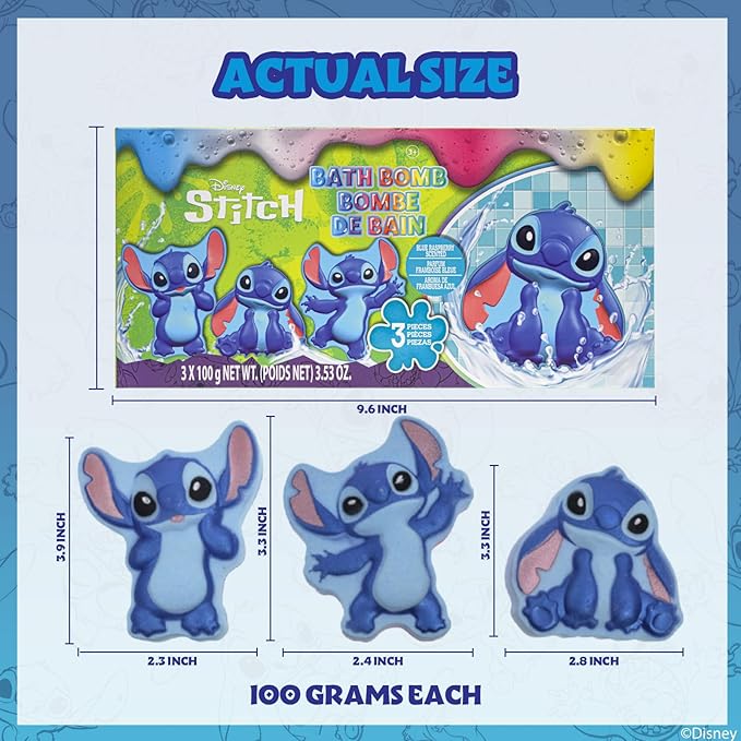 Stitch Bath Bombs for Kids, Fun Bright Rainbow Colors, Raspberry Scented for Kids, Ages 3+, by Townley Girl