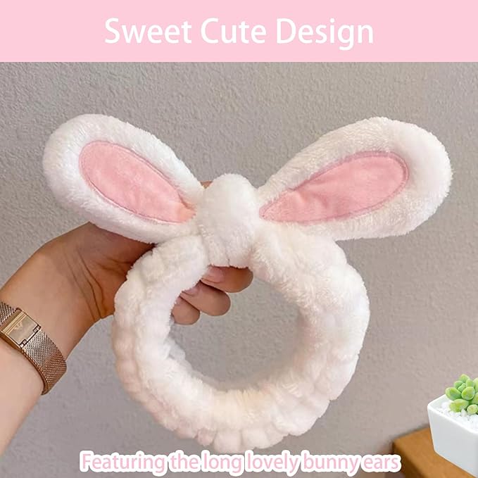musejoy 2 Pcs Headband Bunny Ears Headband Cute Spa Headbands for Washing Face Skincare Makeup Headbands for Women Girls Trendy Stuff Present Soft Coral Fleece Hair Accessories(White+ Blue)