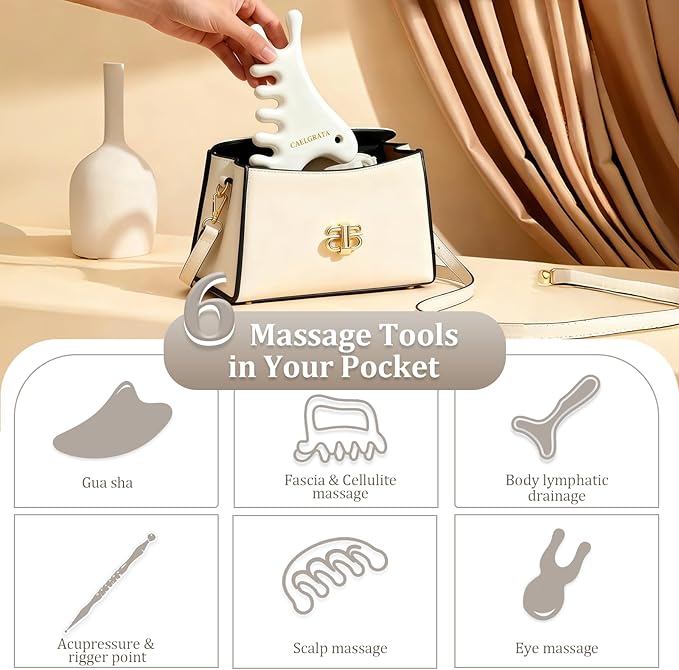 6-in-1 Ceramic Gua Sha Tool for Body & Face, Lymphatic Drainage, Trigger Point, Face Sculpting, Whole Body Relaxation & Stress Relief at Home, Portable Self-care Gifts for Women with Cellulite