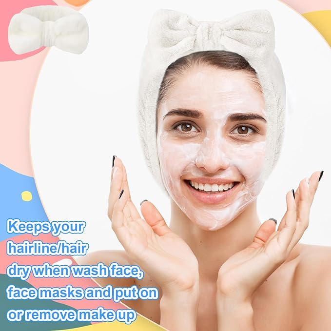 Tigeen 52 Pieces Spa Headband for Washing Face Bulk Soft Coral Fleece Skincare Headband, Bow Makeup Cosmetic Hairband Fluffy Shower Spa Essentials for Girls Women Slumber Supplies(White,Solid Series)